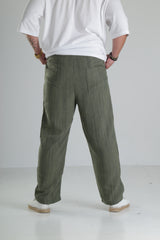 Haki Çizgili Keten Müslin Pantolon