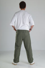 Haki Çizgili Keten Müslin Pantolon