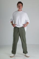 Haki Çizgili Keten Müslin Pantolon