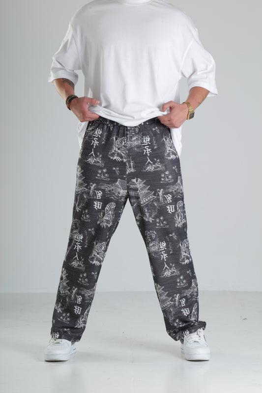 Japon Desen Siyah Baggy Pantolon