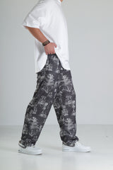 Japon Desen Siyah Baggy Pantolon