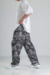 Japon Desen Siyah Baggy Pantolon
