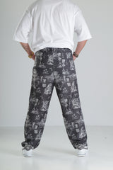 Japon Desen Siyah Baggy Pantolon