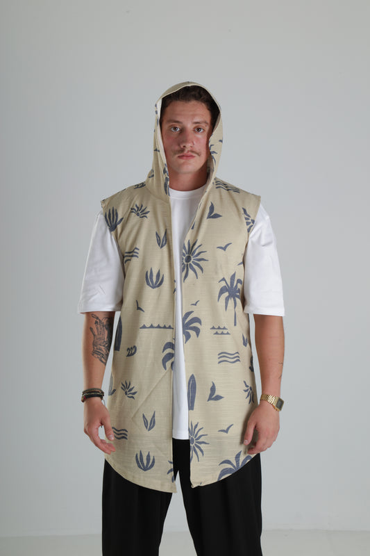 Bej Palmiye Desenli Kapüşonlu Yelek