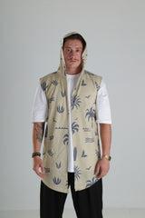 Bej Palmiye Desenli Kapüşonlu Yelek