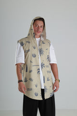 Bej Palmiye Desenli Kapüşonlu Yelek
