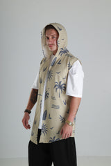 Bej Palmiye Desenli Kapüşonlu Yelek