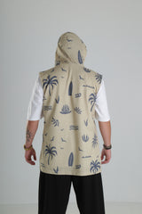 Bej Palmiye Desenli Kapüşonlu Yelek