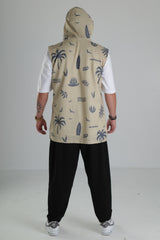 Bej Palmiye Desenli Kapüşonlu Yelek