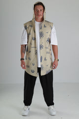 Bej Palmiye Desenli Kapüşonlu Yelek