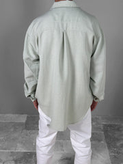 Su Yeşili Desenli Keten Gömlek