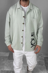 Su Yeşili Desenli Keten Gömlek