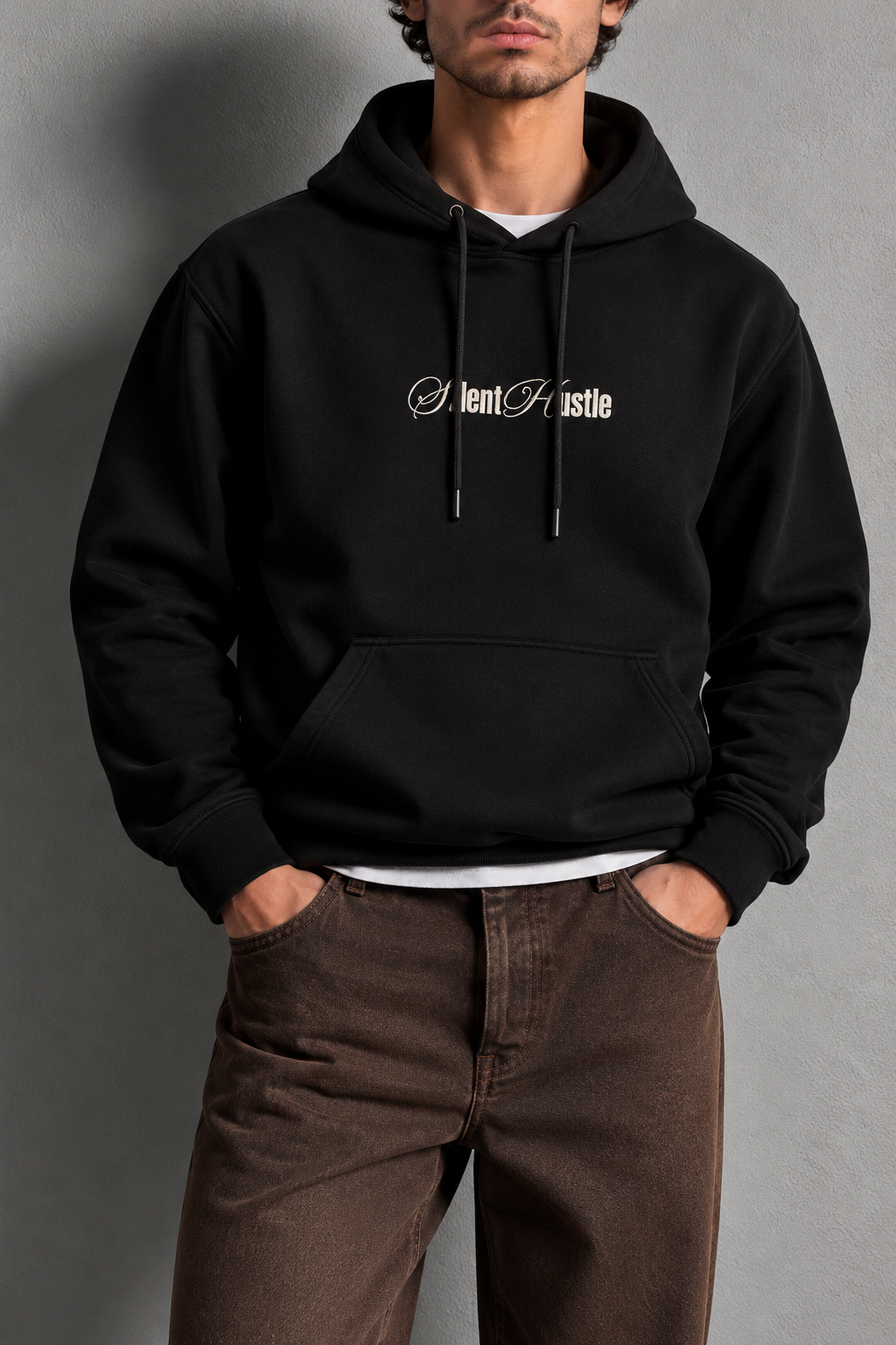 Siyah 3 İplik Ön ve Arka Baskılı Oversize Kapüşonlu Sweatshirt