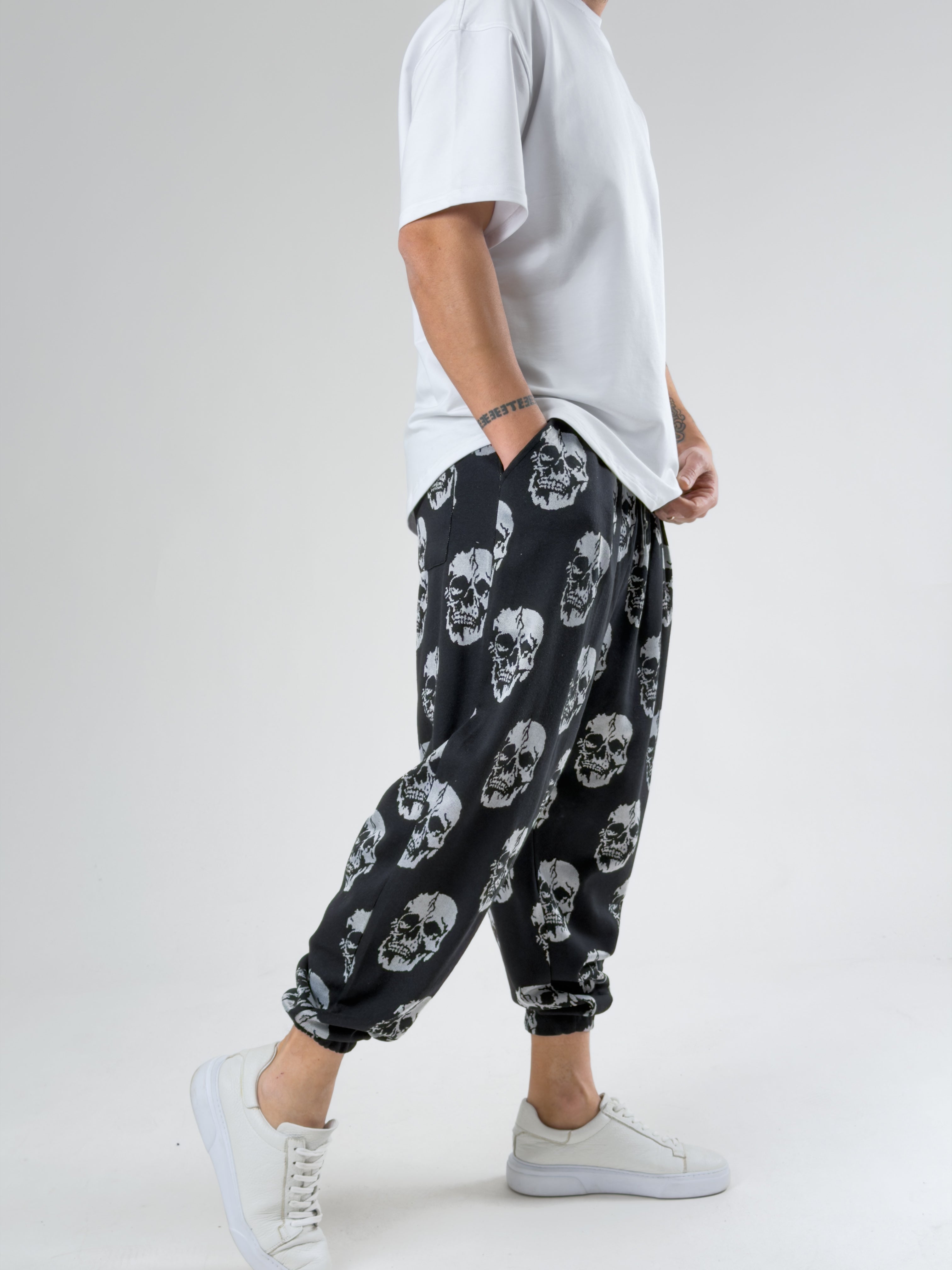 Skull Pattern Pileli Jogger Pantolon