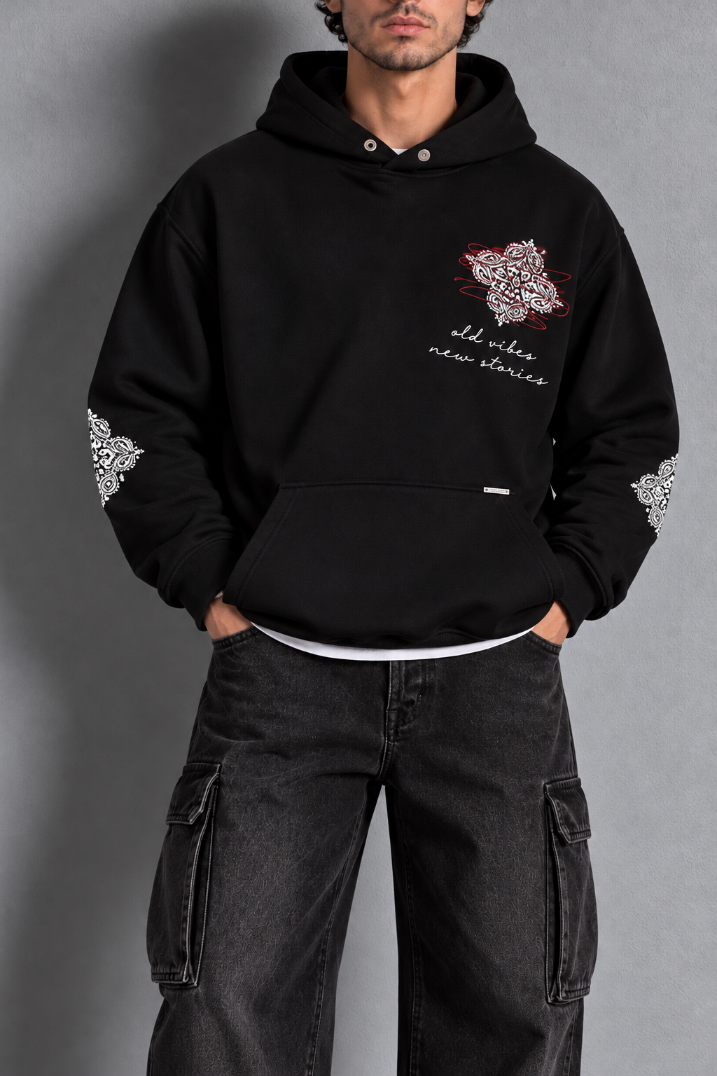 Siyah 3 İplik Kol ve Sırt Detaylı Oversize Kapüşonlu Sweatshirt