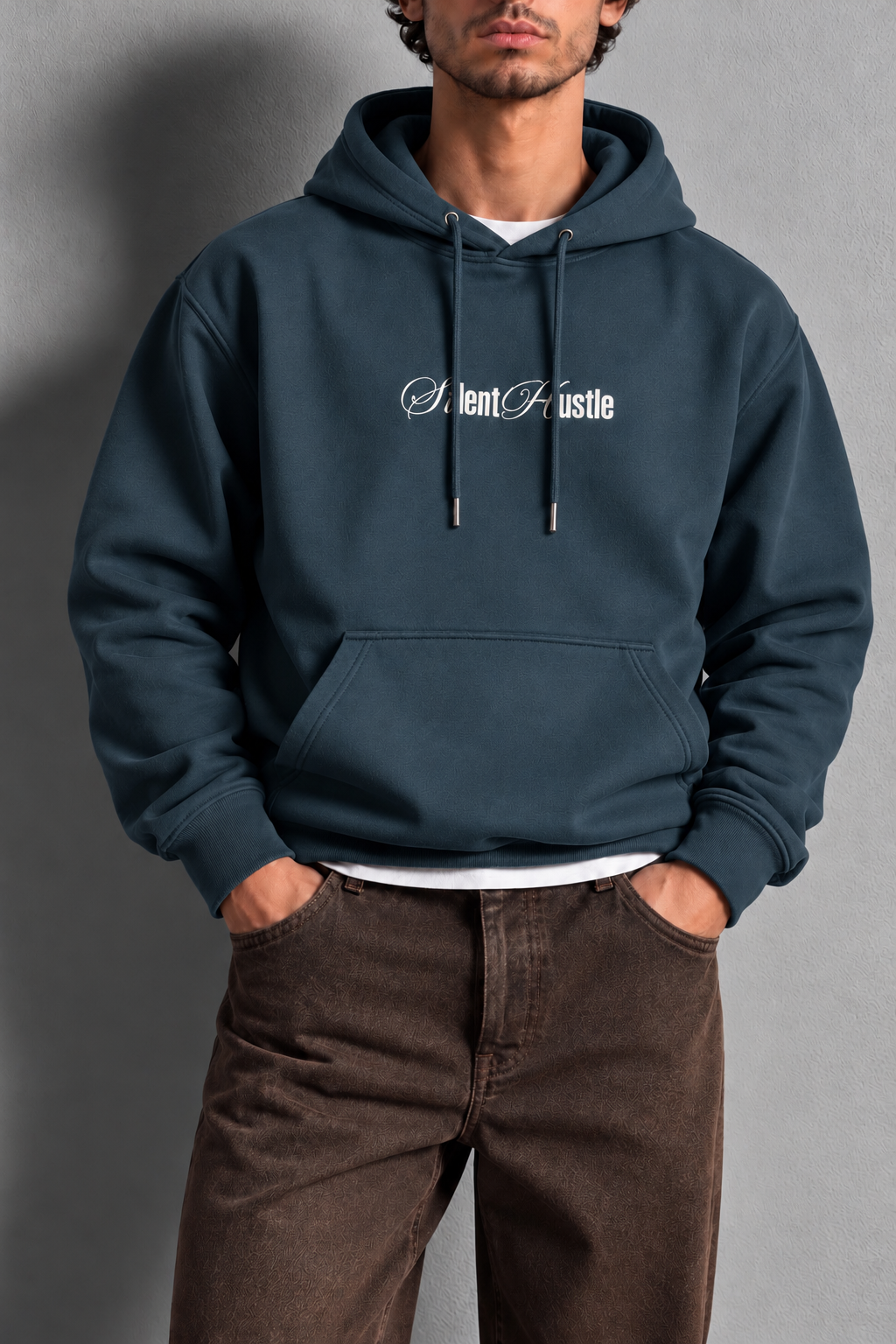 Petrol 3 İplik Ön ve Arka Baskılı Oversize Kapüşonlu Sweatshirt