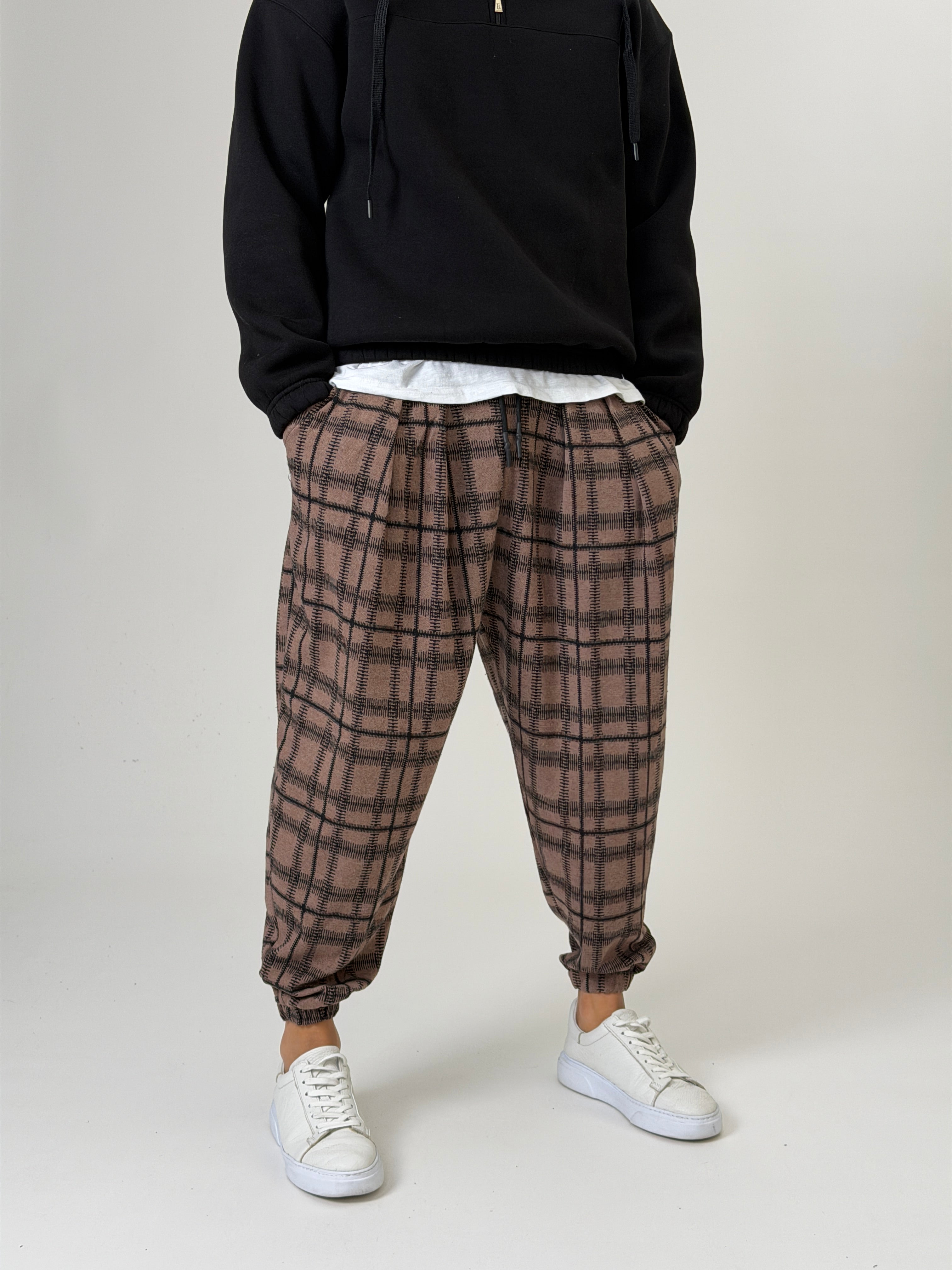 Brown Grid Jogger Pantolon
