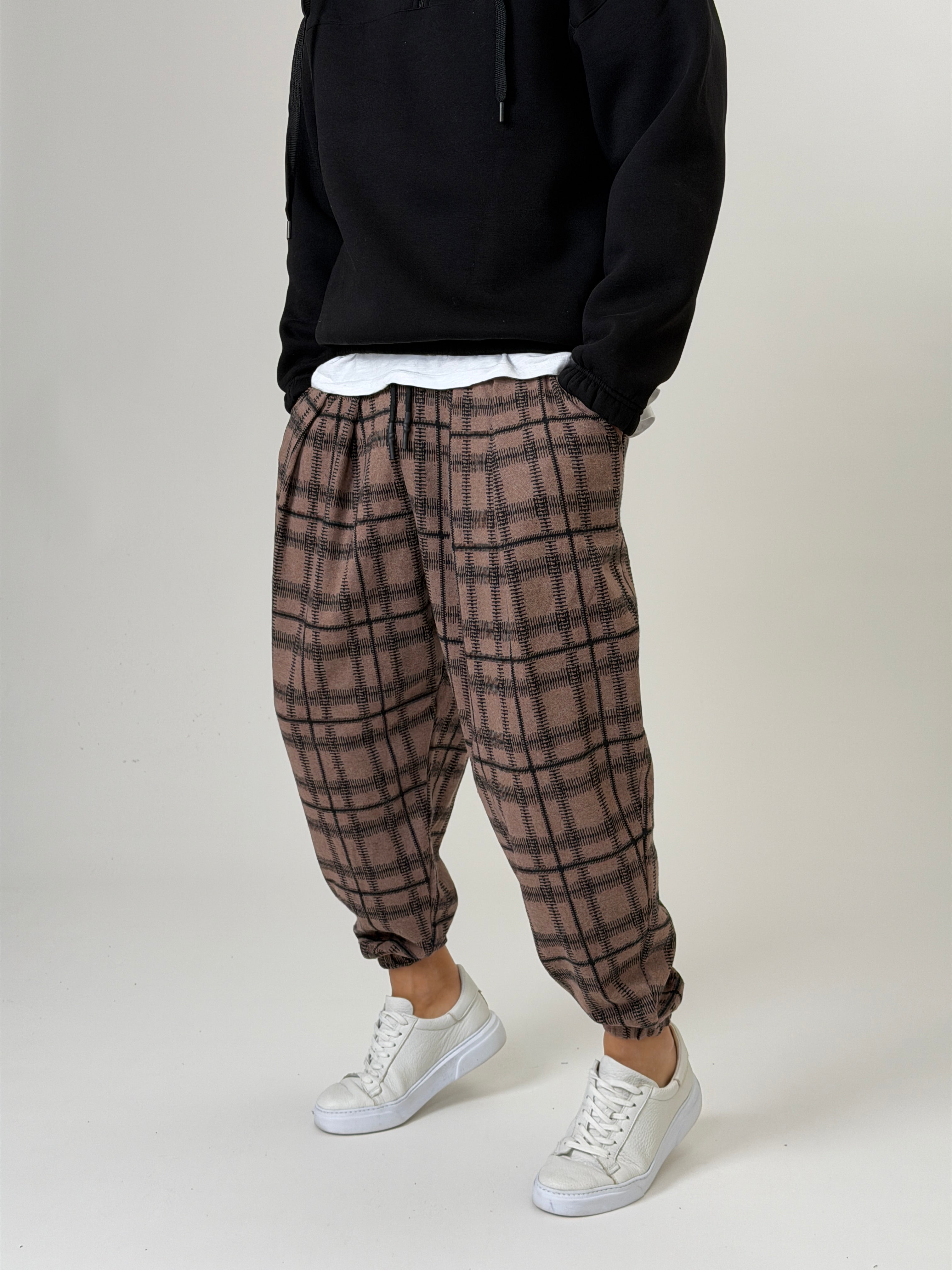 Brown Grid Jogger Pantolon
