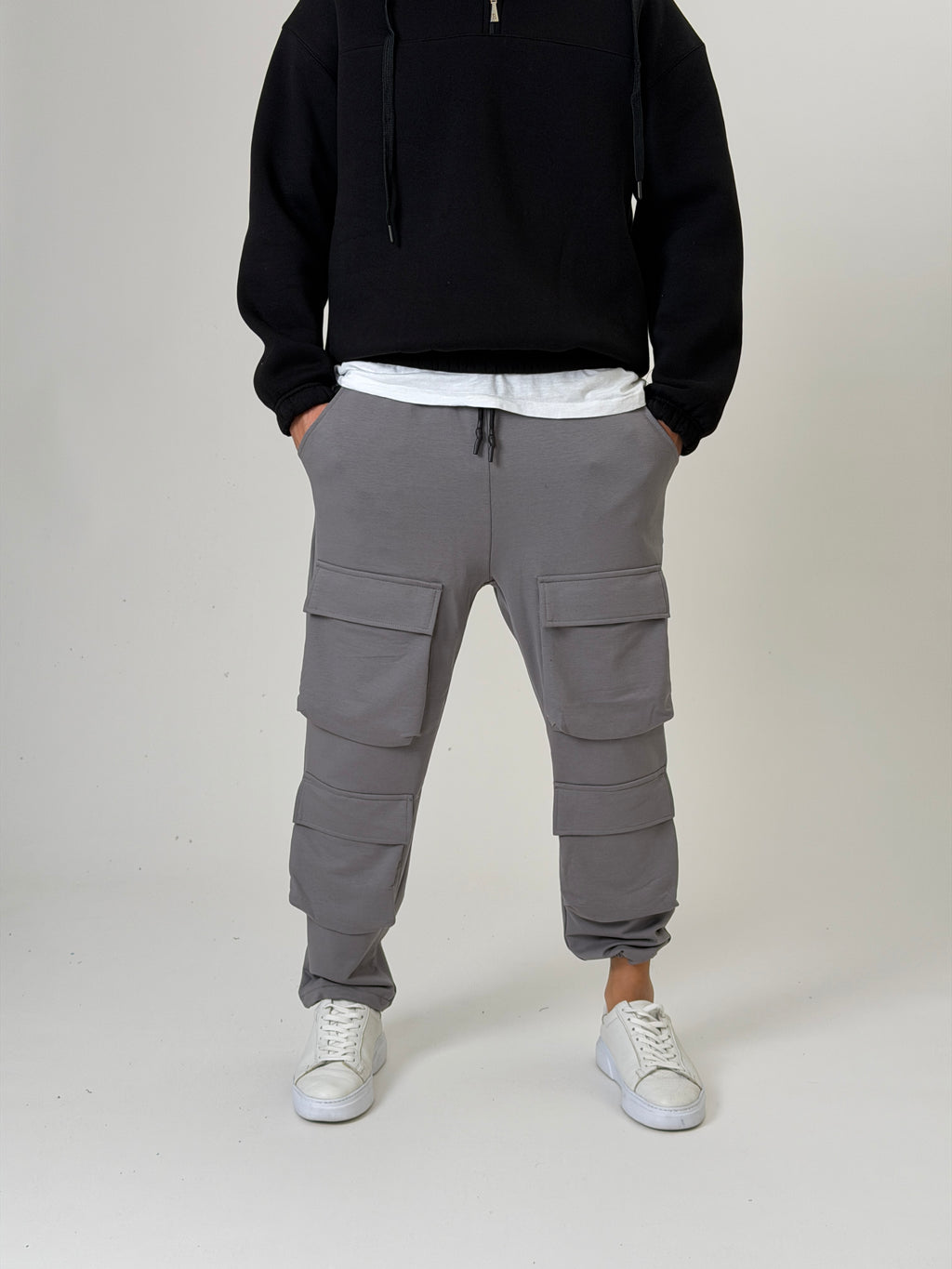 Gri Büzgülü Cepli Jogger Pantolon
