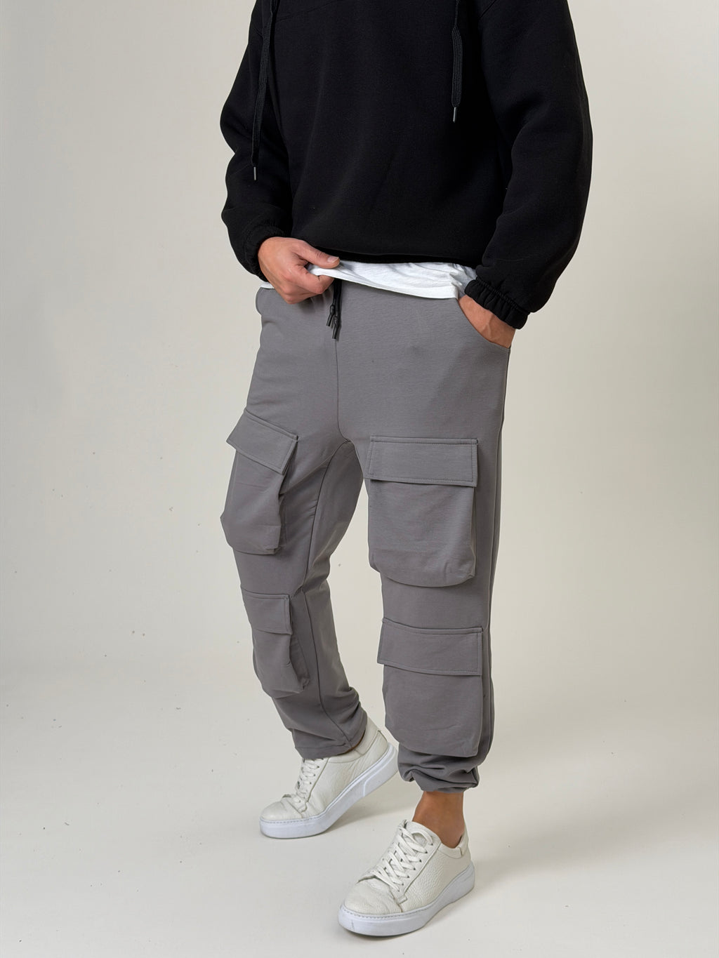 Gri Büzgülü Cepli Jogger Pantolon