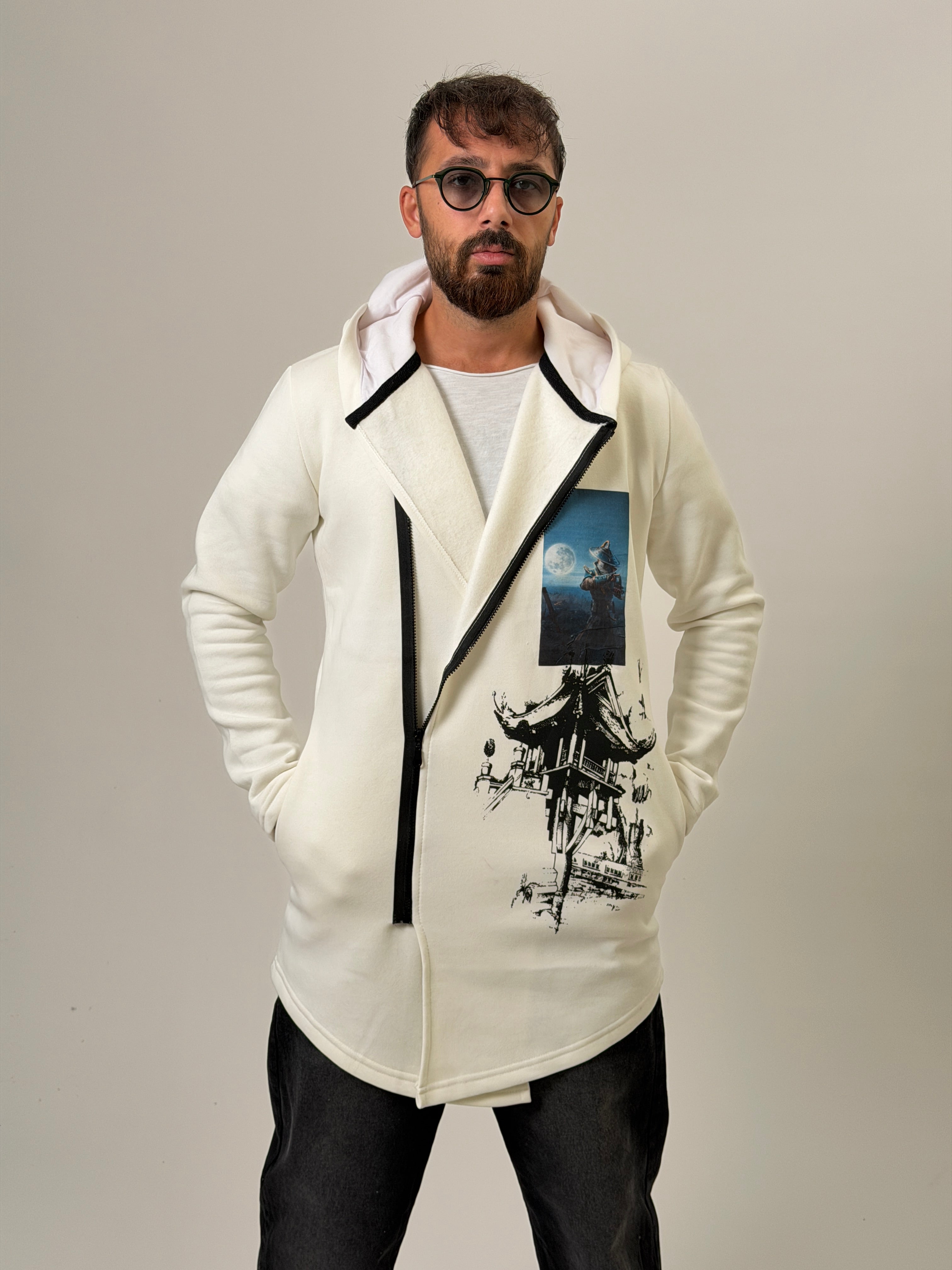 Big In Japan Beyaz Fermuarlı Uzun Sweatshirt