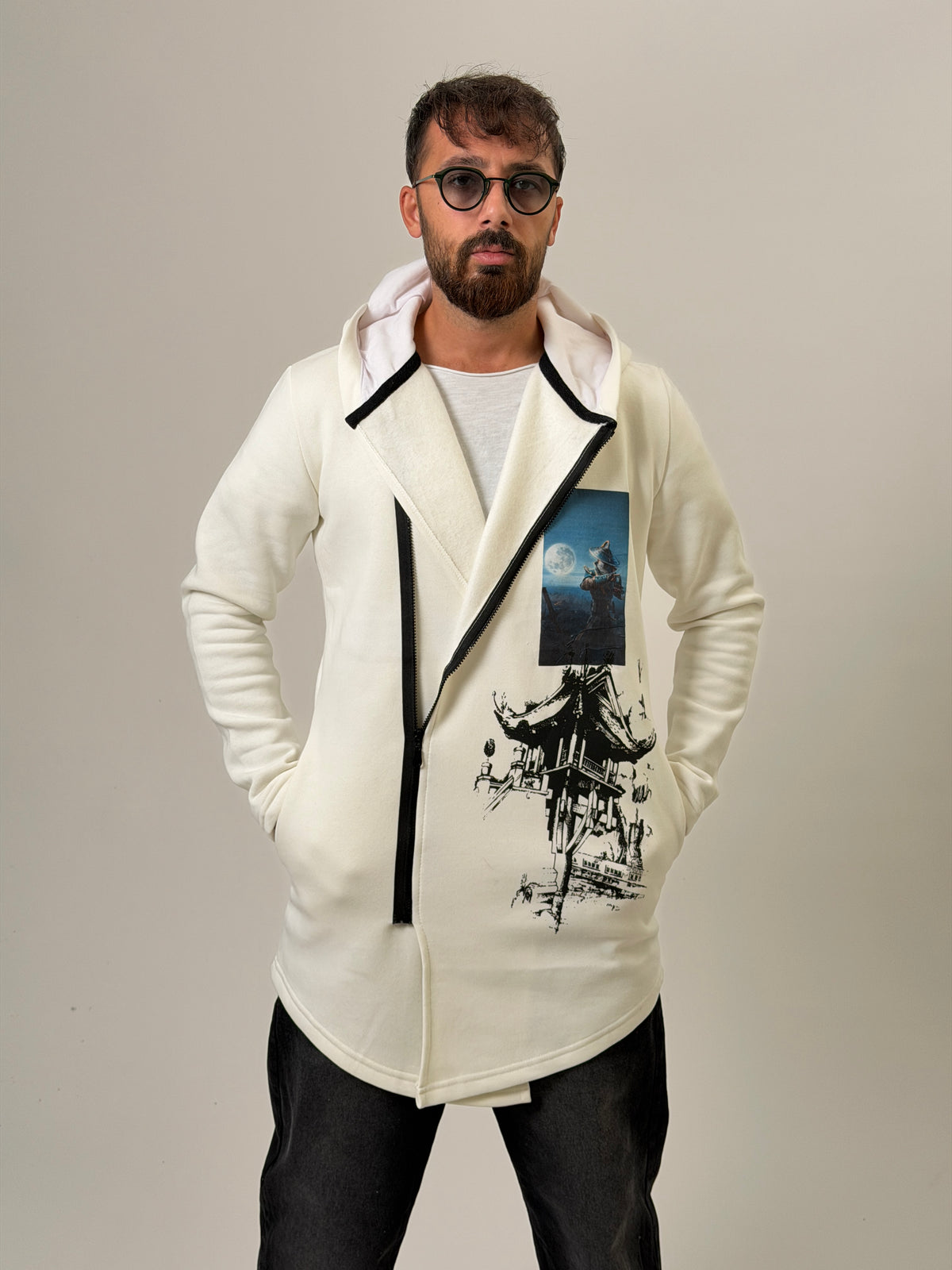 Big In Japan Beyaz Fermuarlı Uzun Sweatshirt