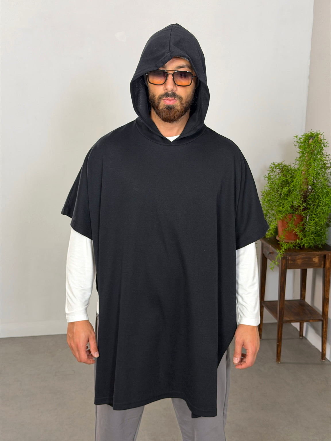 Siyah Basic Kapüşonlu Oversize Panço
