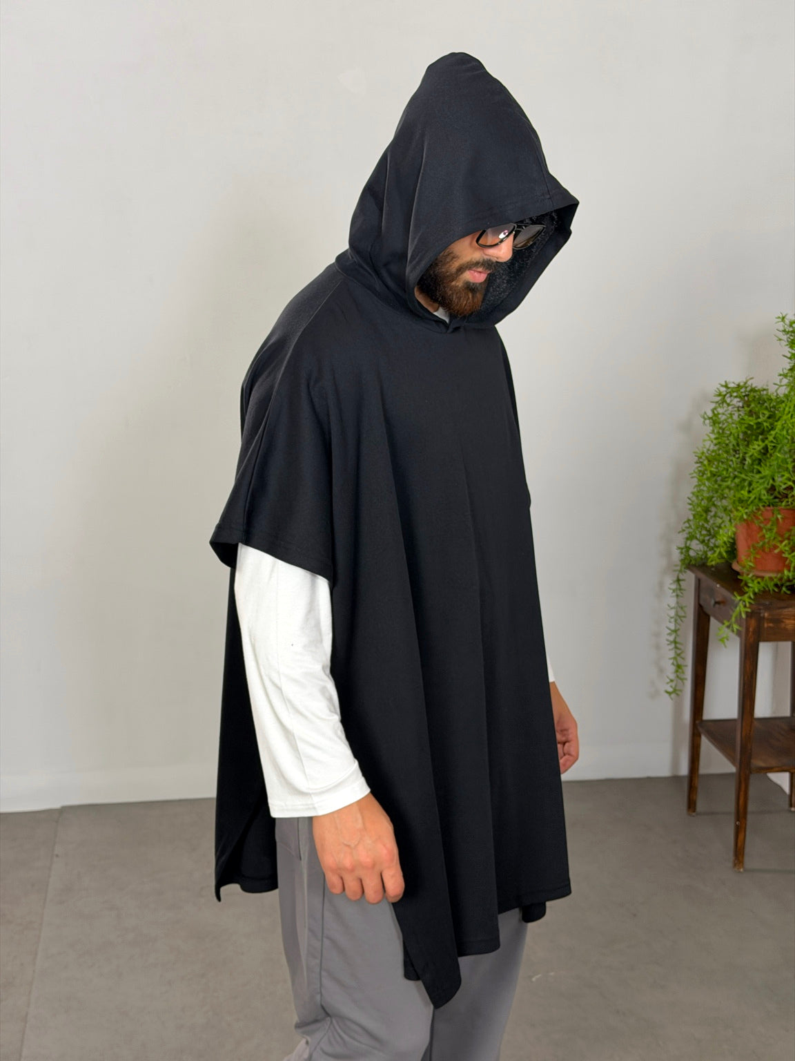 Siyah Basic Kapüşonlu Oversize Panço
