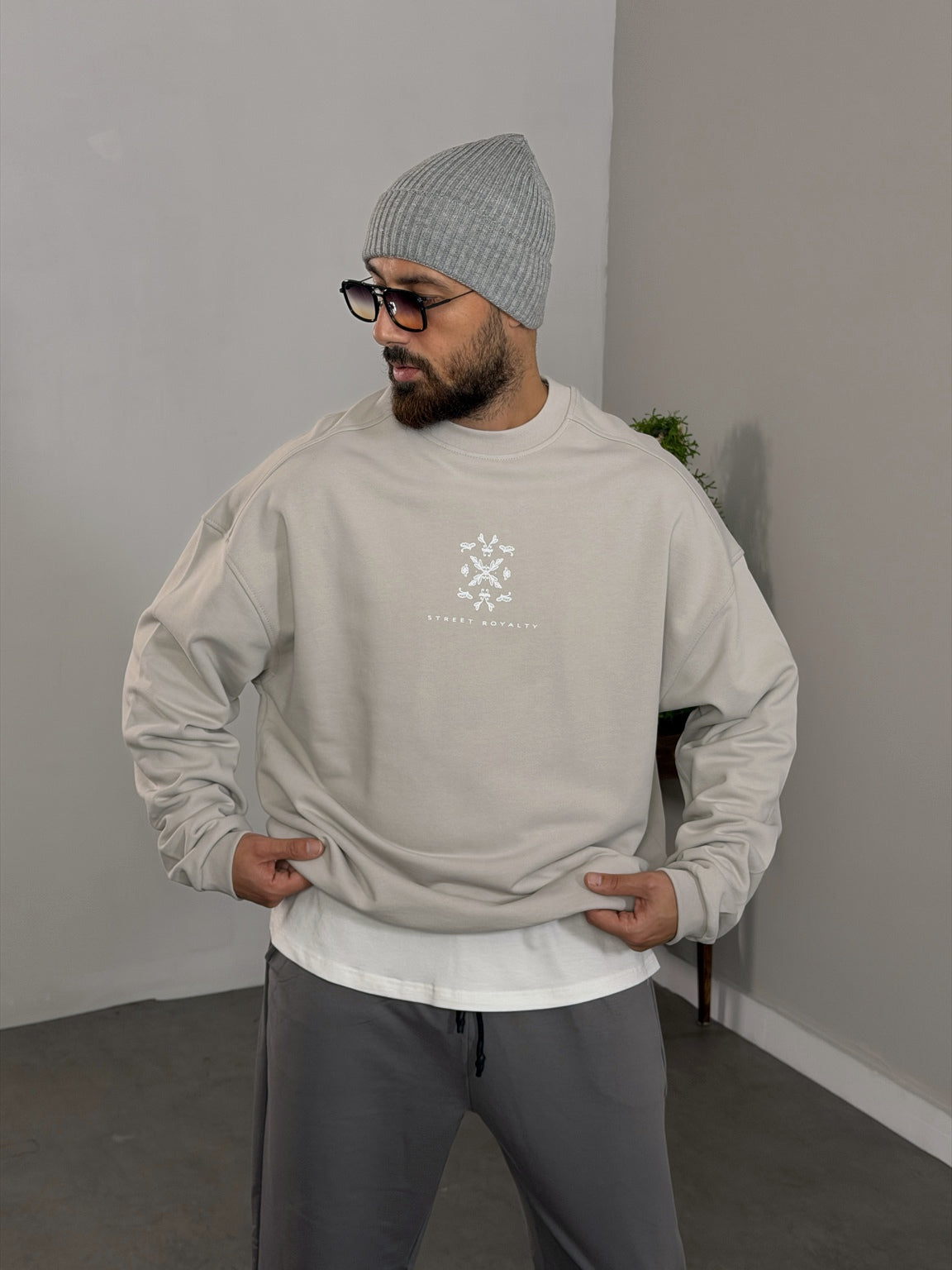 Gri Sırtı Bandana Baskılı Bisiklet Yaka Oversize Sweatshirt