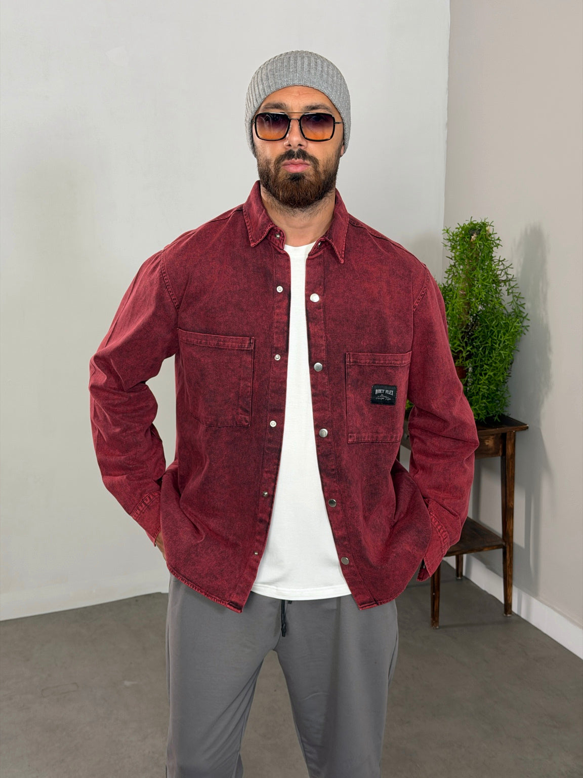 Bordo Asit Yıkama Çift Cepli Çıtçıtlı Oversize Jean Gömlek Ceket