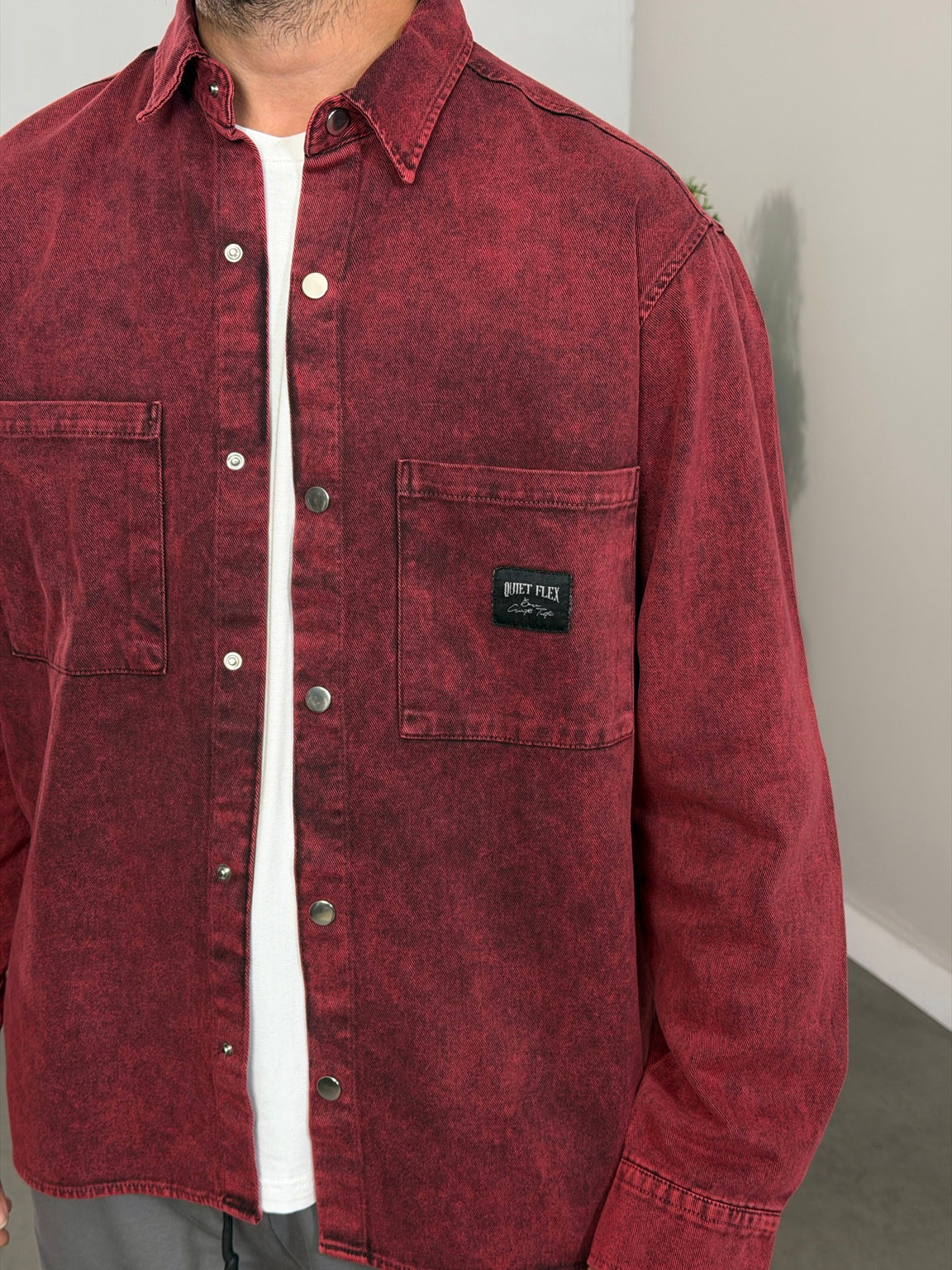 Bordo Asit Yıkama Çift Cepli Çıtçıtlı Oversize Jean Gömlek Ceket