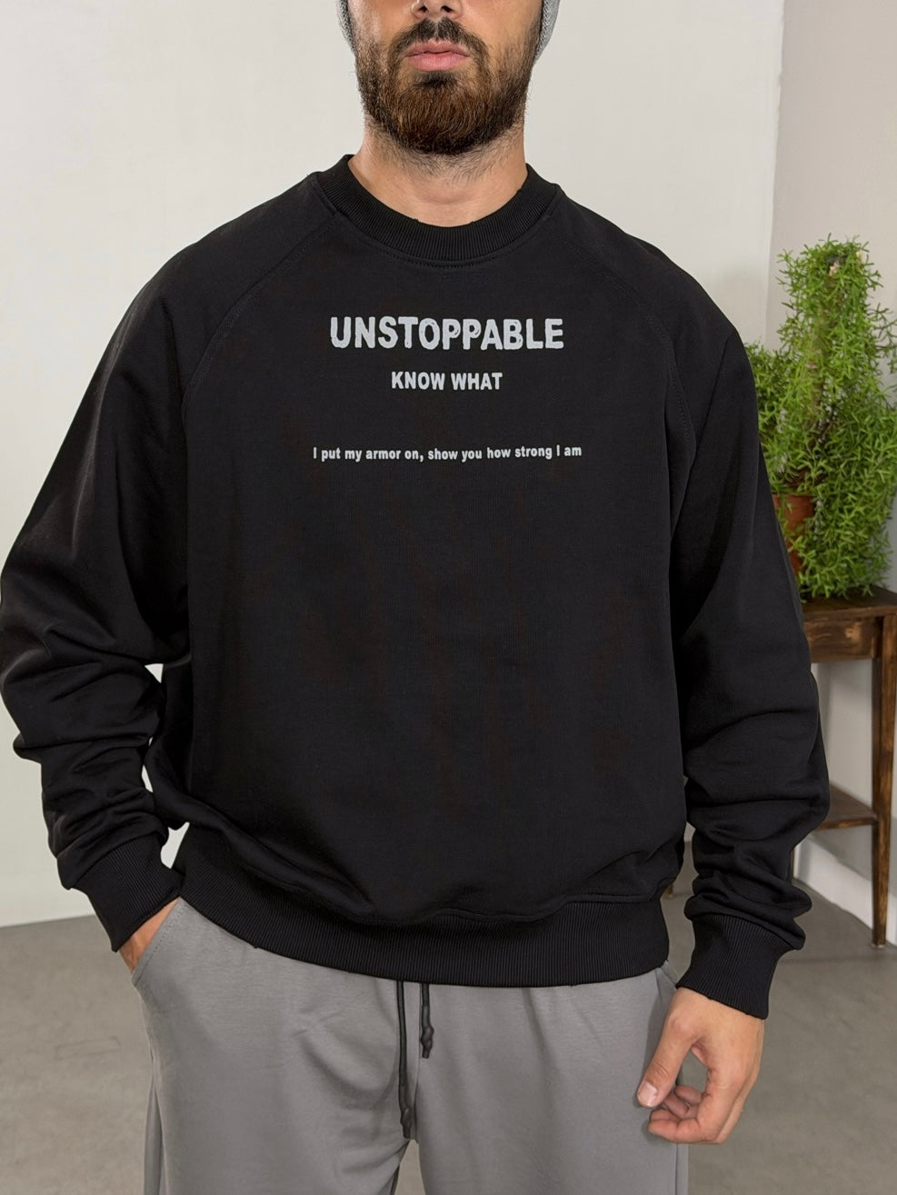 Siyah Ön ve Sırtı Baskılı Bisiklet Yaka Oversize Sweatshirt