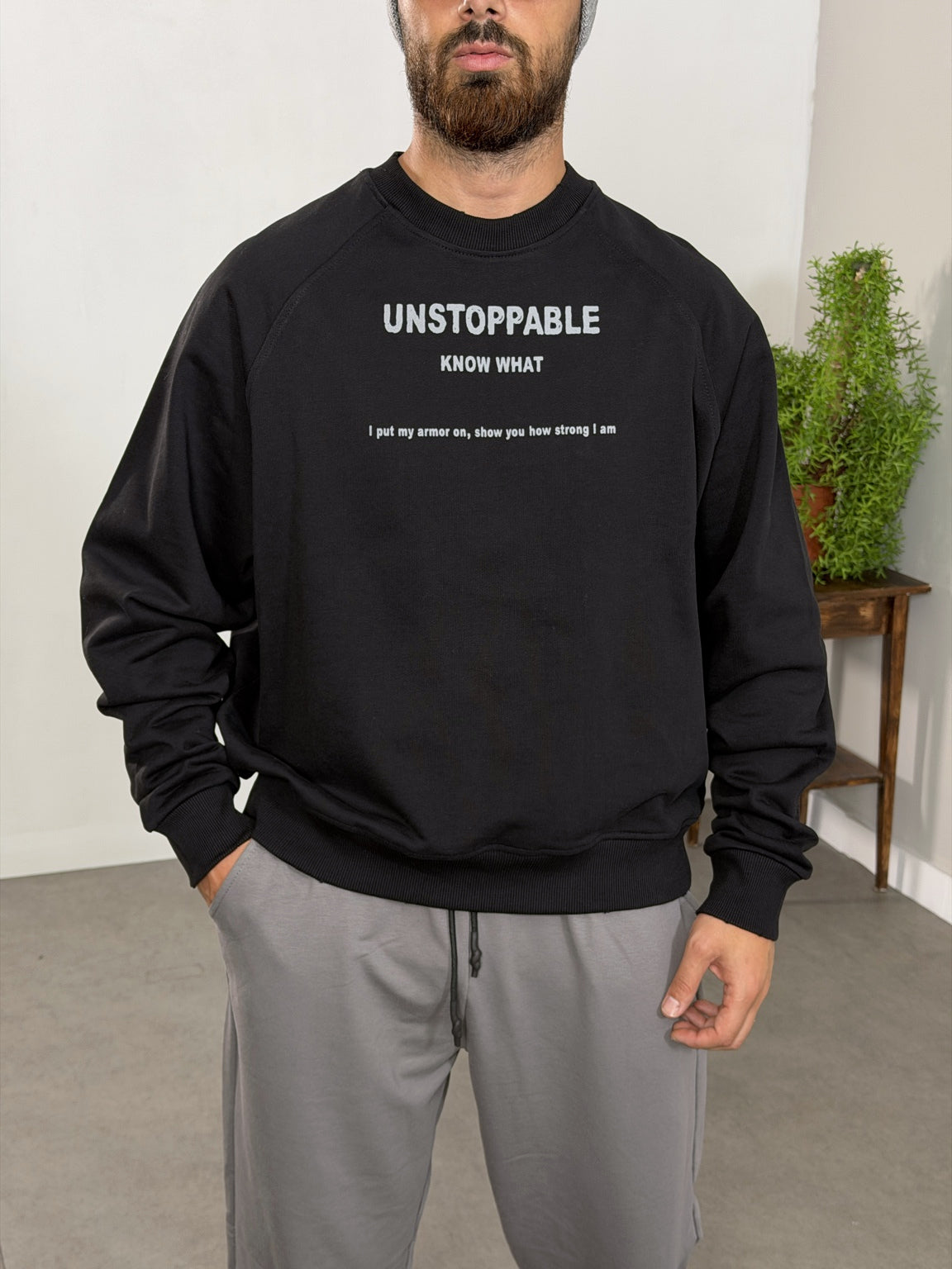 Siyah Ön ve Sırtı Baskılı Bisiklet Yaka Oversize Sweatshirt