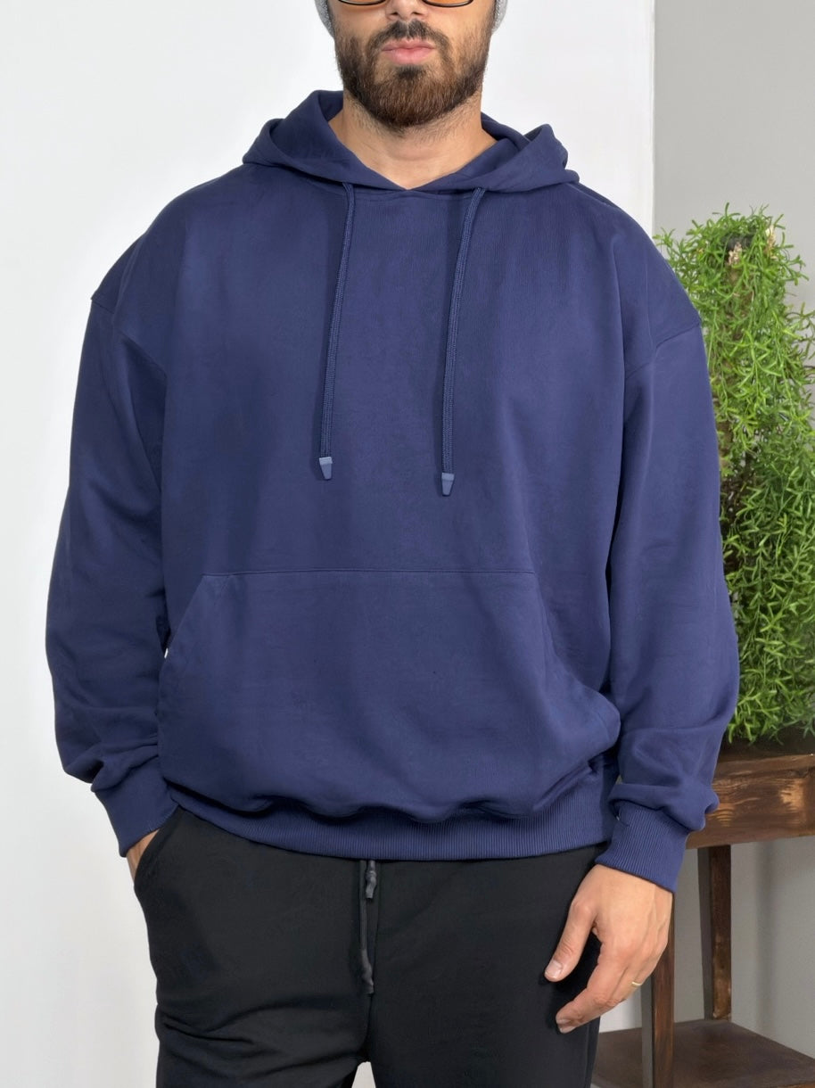 Lacivert 3 İplik Kanguru Cepli Oversize Kapüşonlu Sweatshirt
