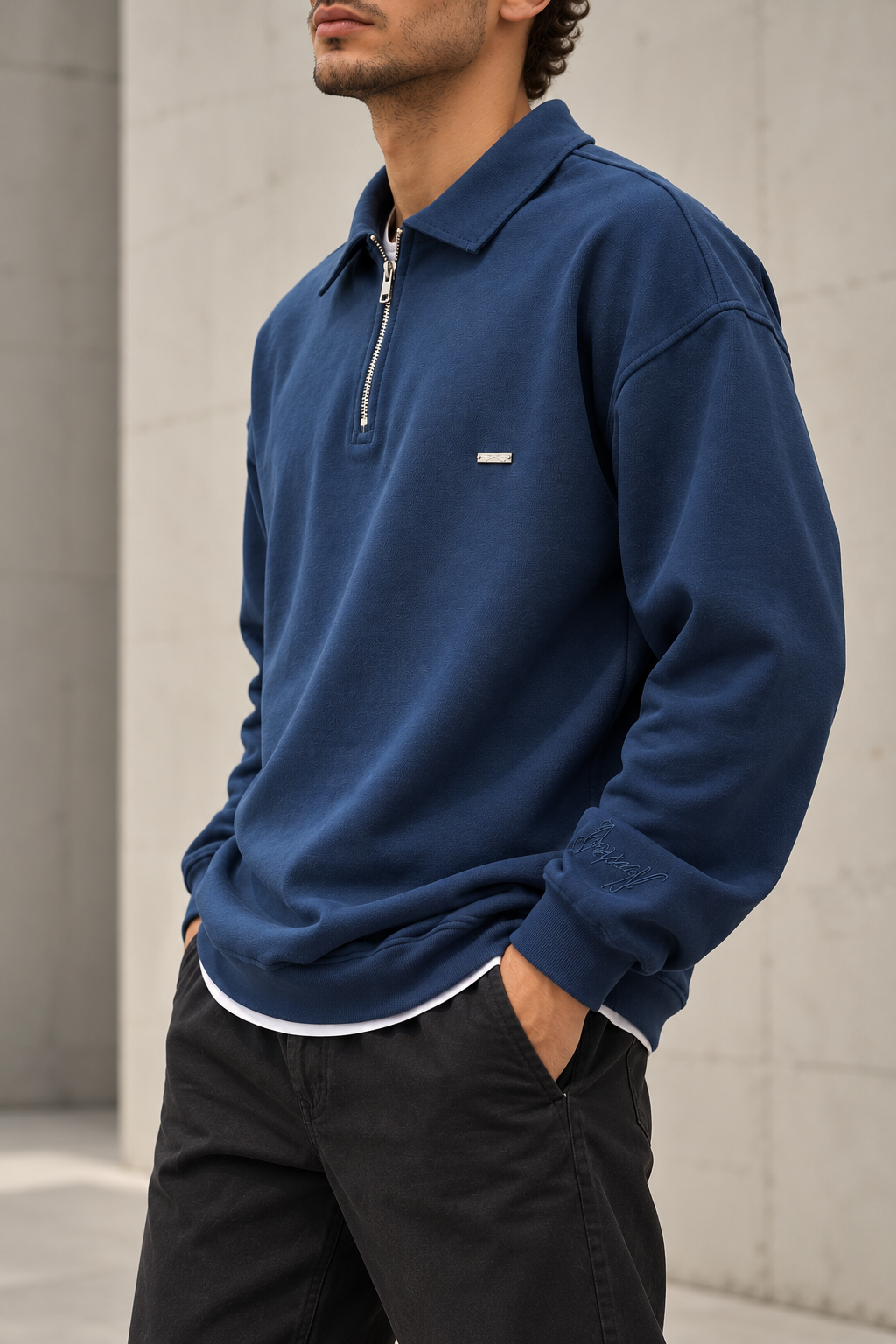 Mavi Yarım Fermuarlı Sweatshirt