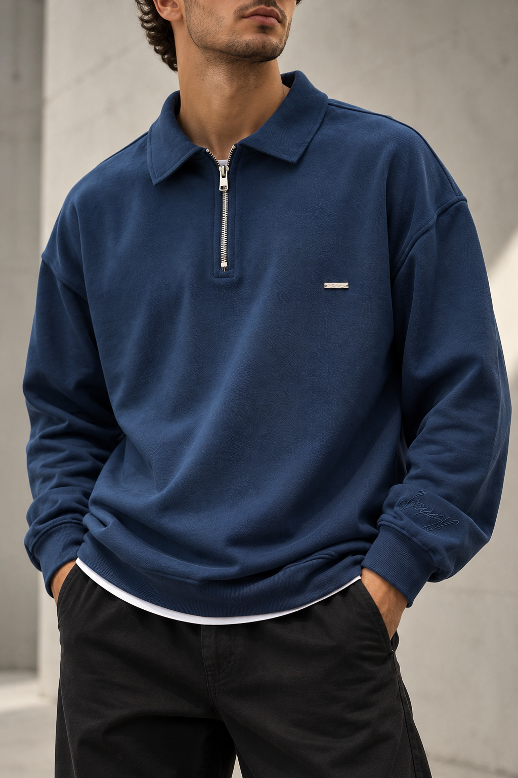 Mavi Yarım Fermuarlı Sweatshirt