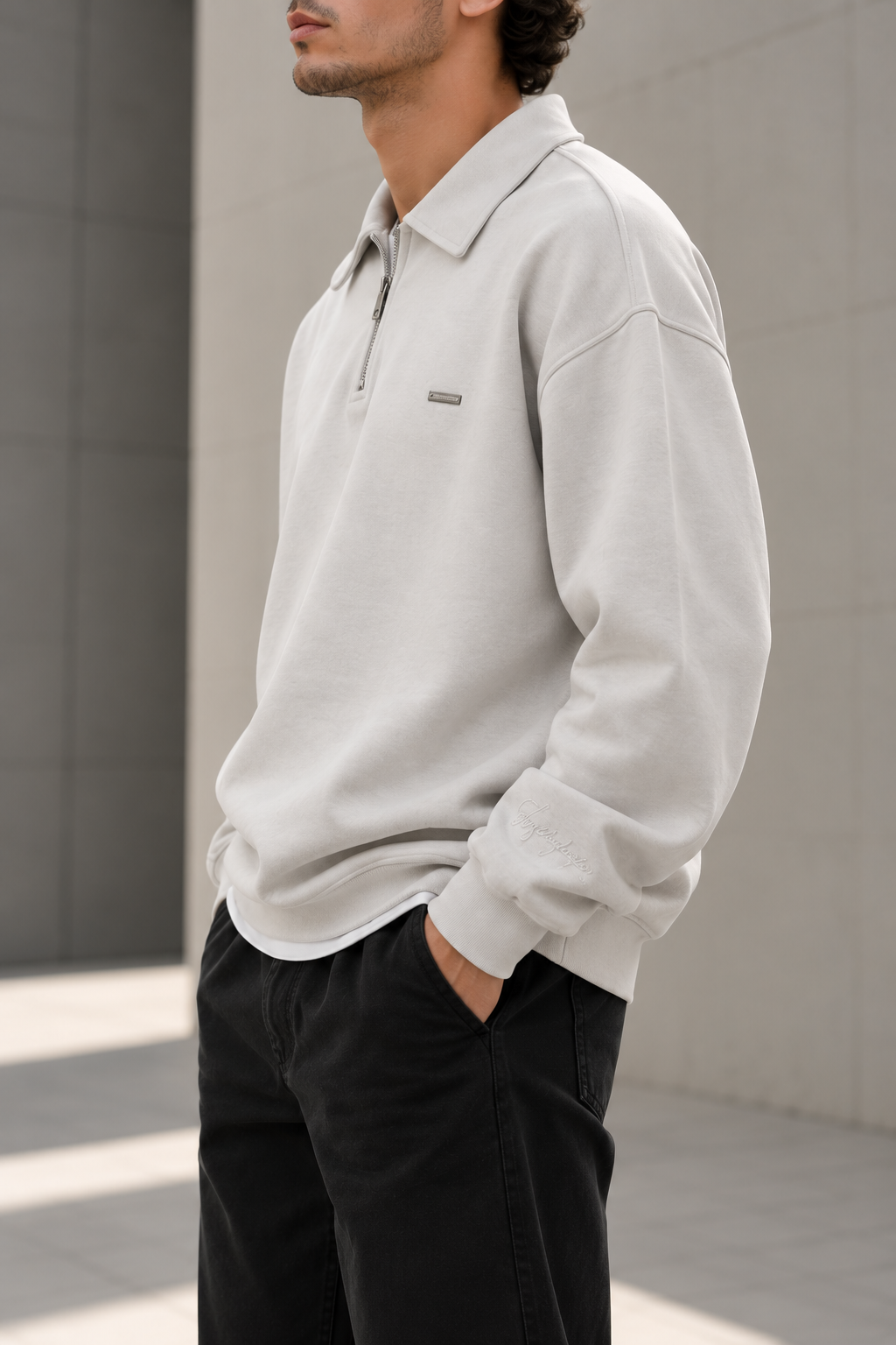 Açık Gri Yarım Fermuarlı Sweatshirt