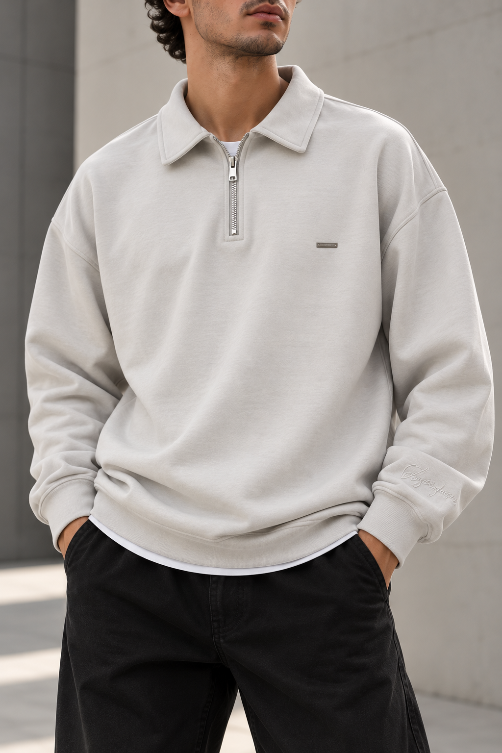 Açık Gri Yarım Fermuarlı Sweatshirt