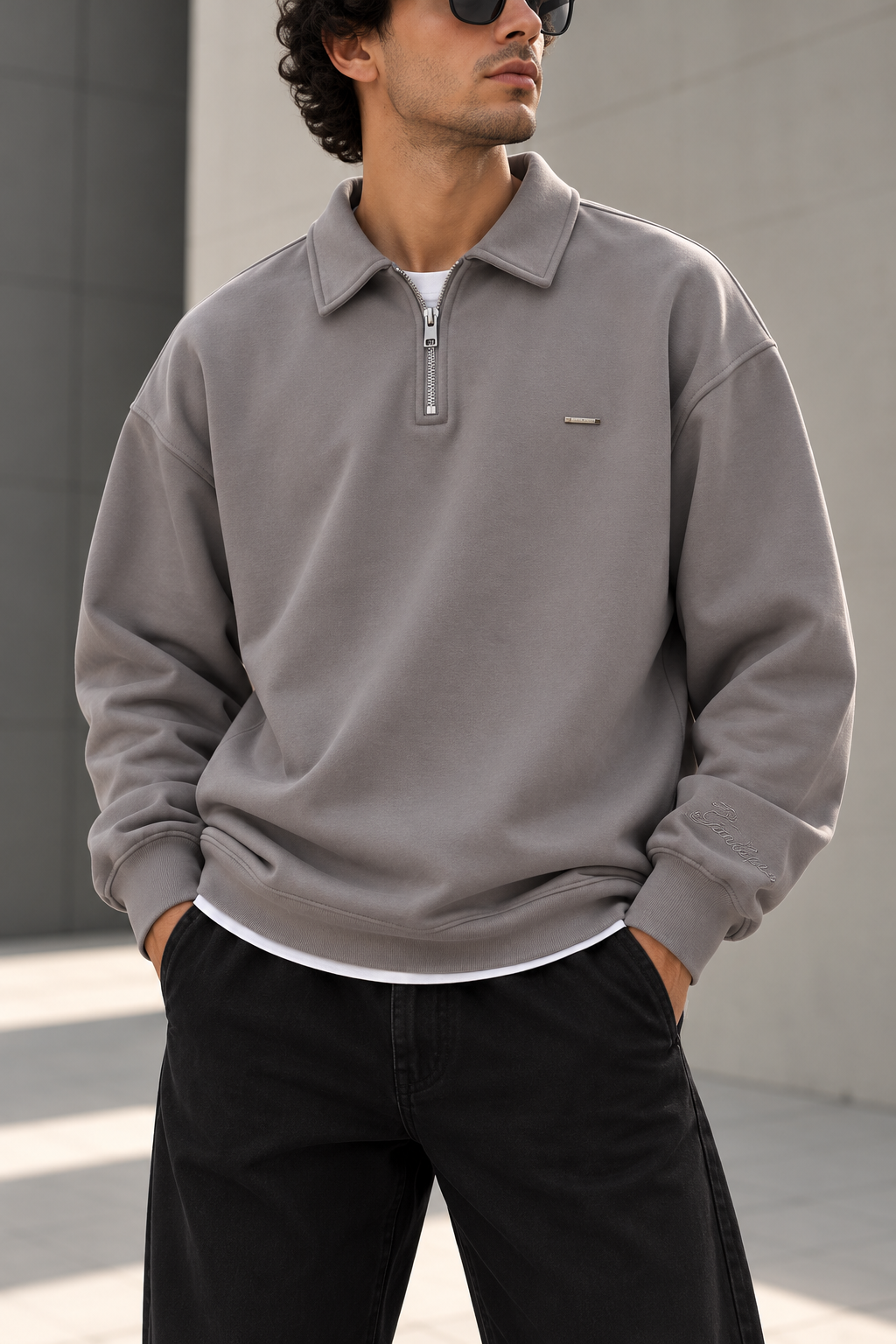 Füme Yarım Fermuarlı Sweatshirt