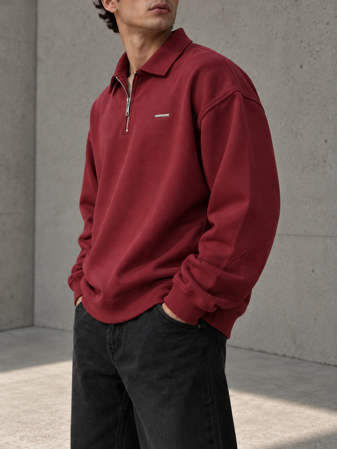 Bordo Yarım Fermuarlı Sweatshirt