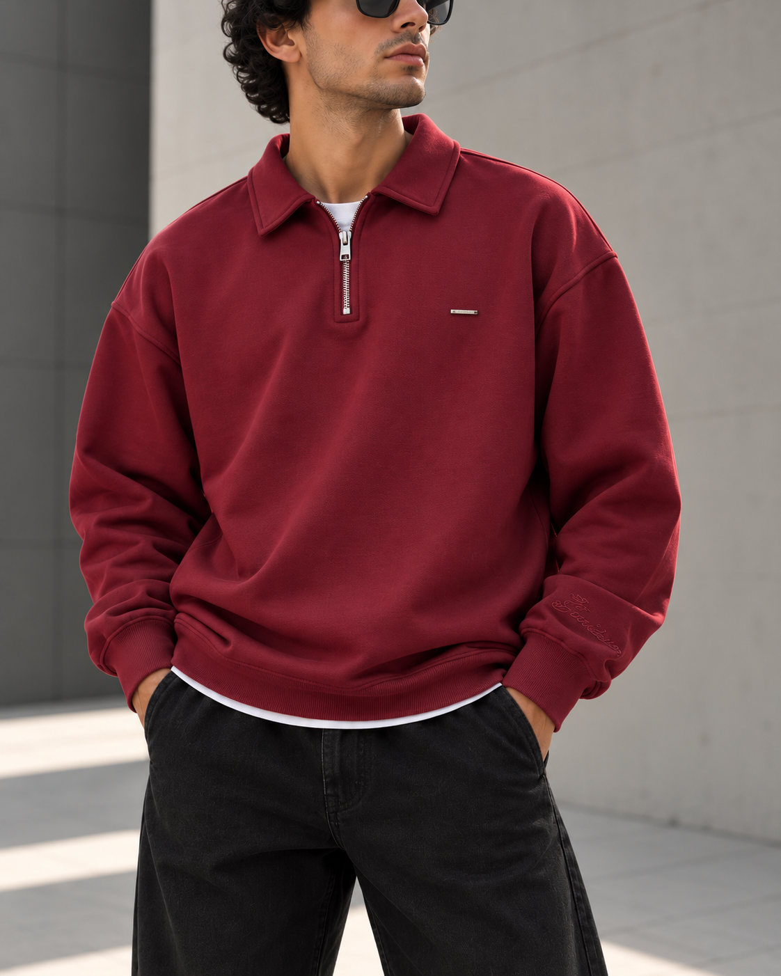 Bordo Yarım Fermuarlı Sweatshirt