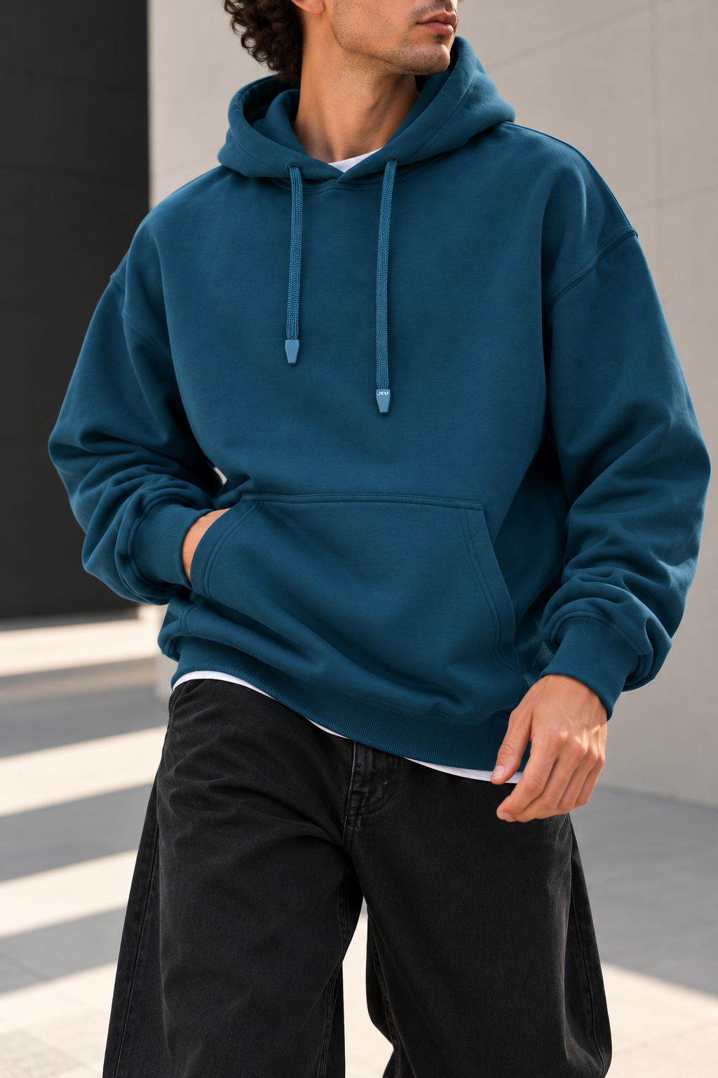 Petrol 3 İplik Kanguru Cepli Oversize Kapüşonlu Sweatshirt