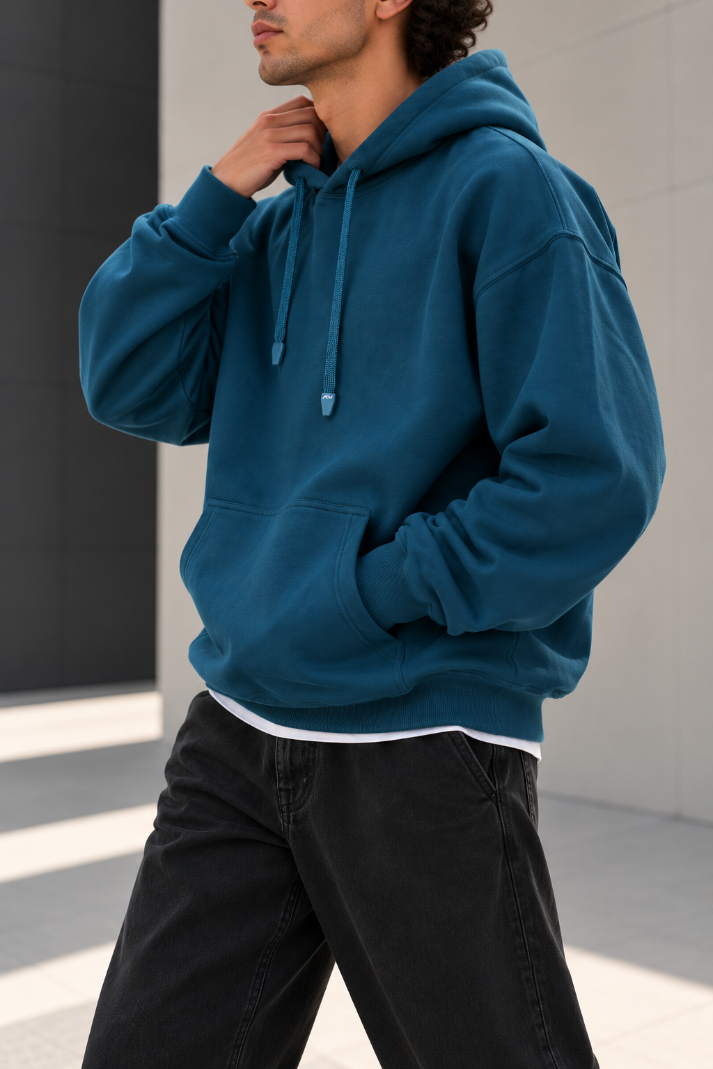Petrol 3 İplik Kanguru Cepli Oversize Kapüşonlu Sweatshirt
