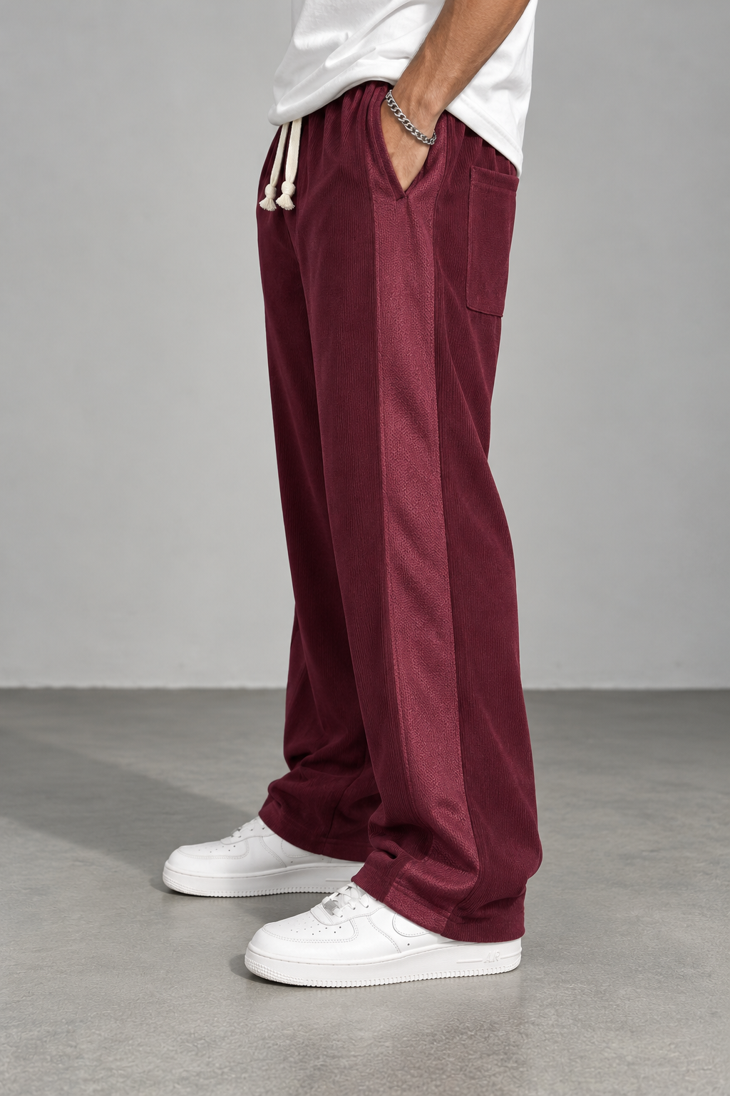 Bordo Fitilli Kadife Düz Kesim Pantolon