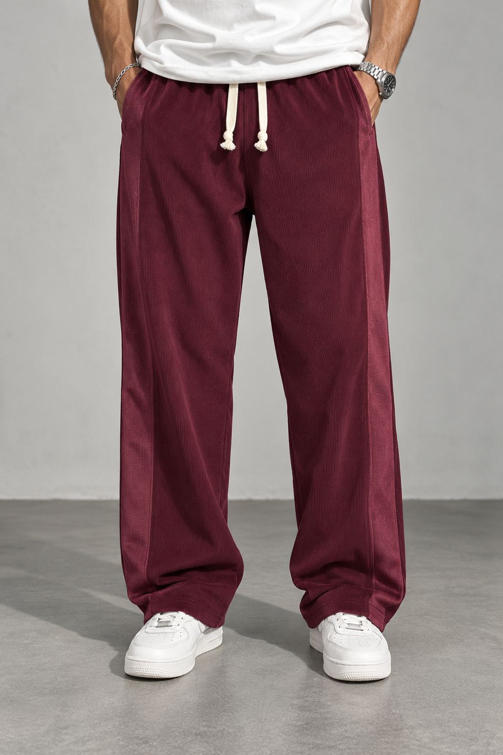 Bordo Fitilli Kadife Düz Kesim Pantolon