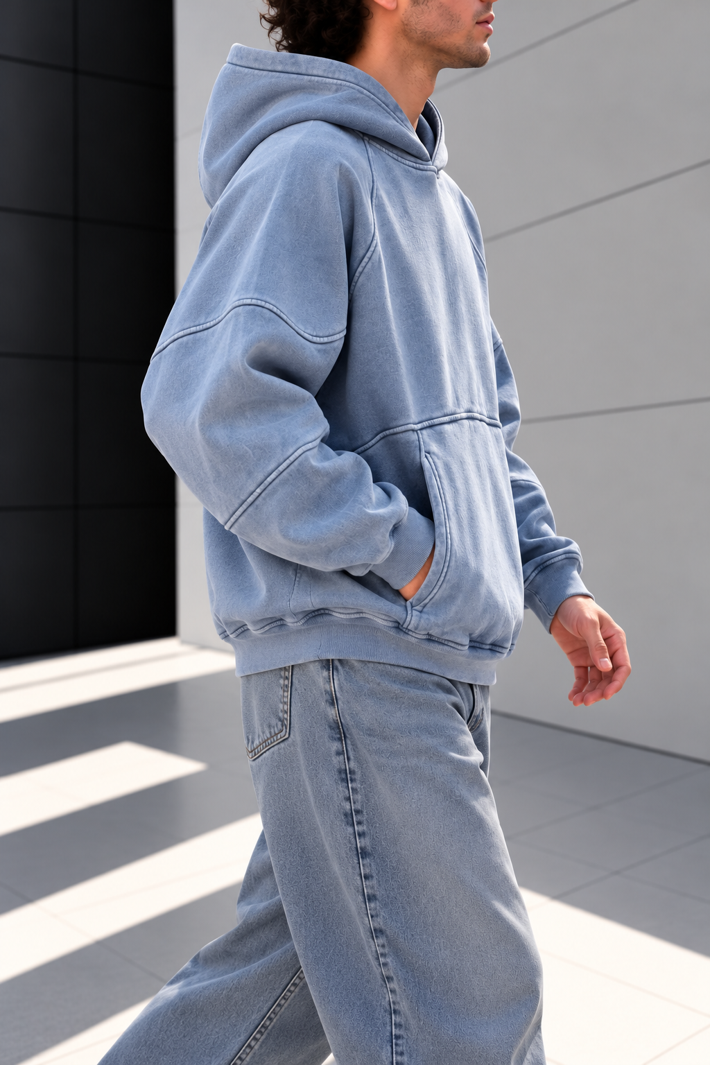 Açık Mavi Yıkamalı Oversize Kapüşonlu Sweatshirt