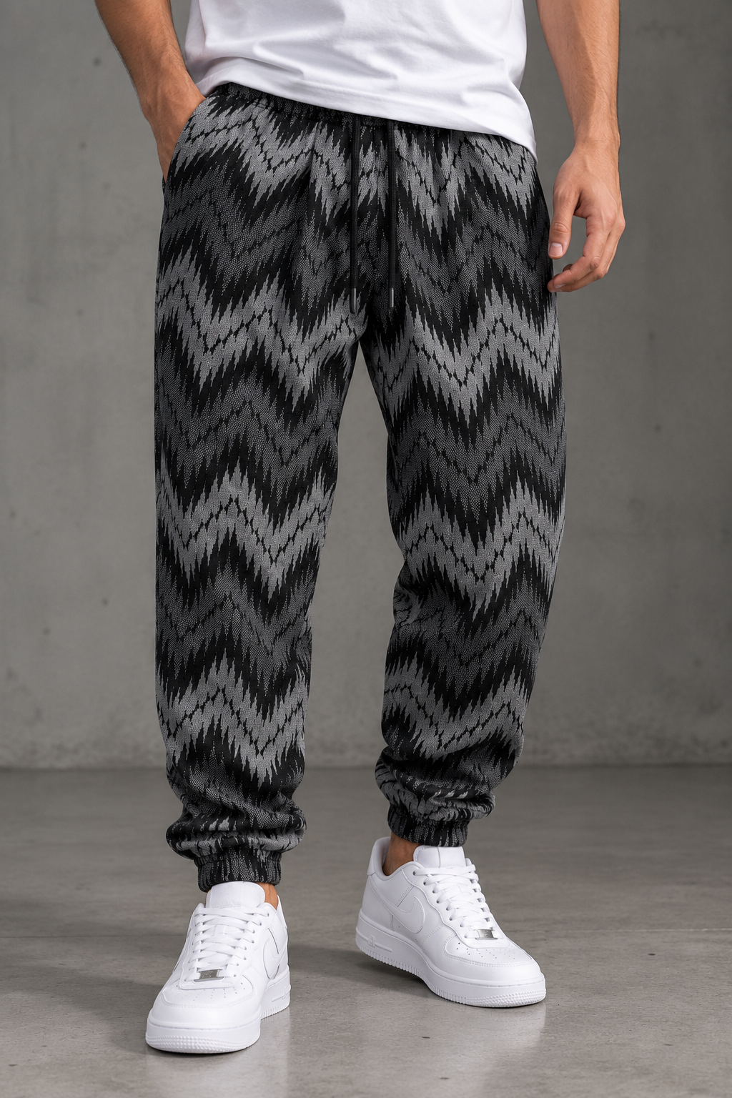 Siyah Gri Zikzak Desenli Jogger Pantolon