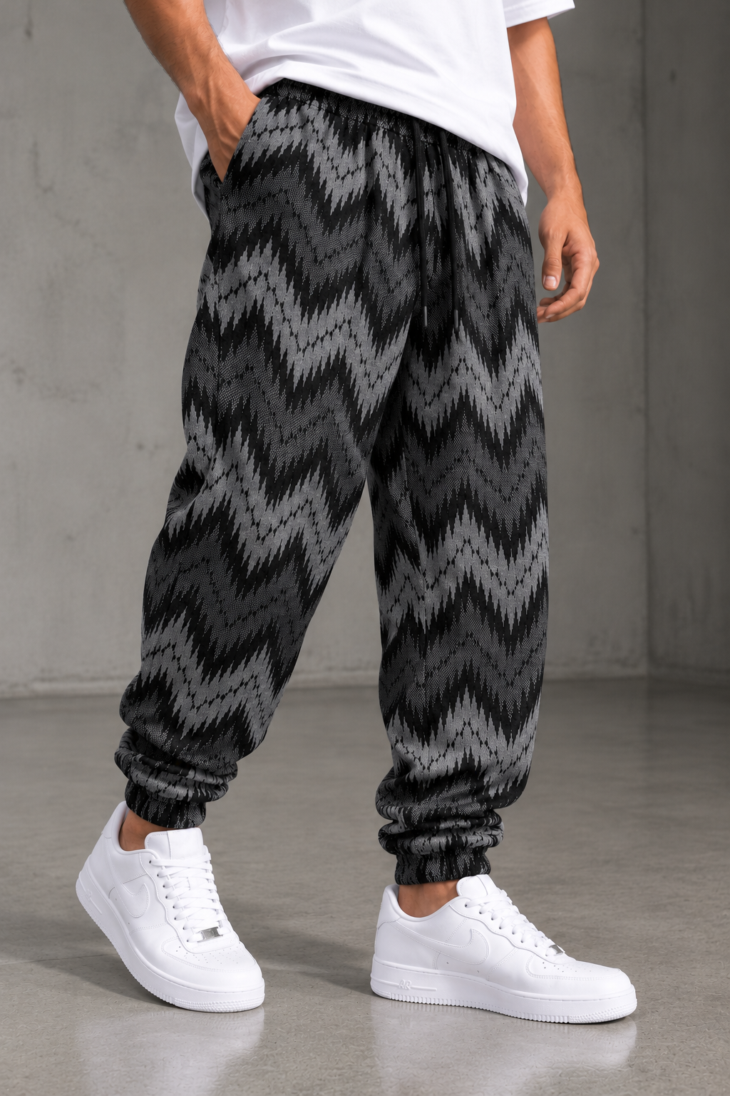 Siyah Gri Zikzak Desenli Jogger Pantolon