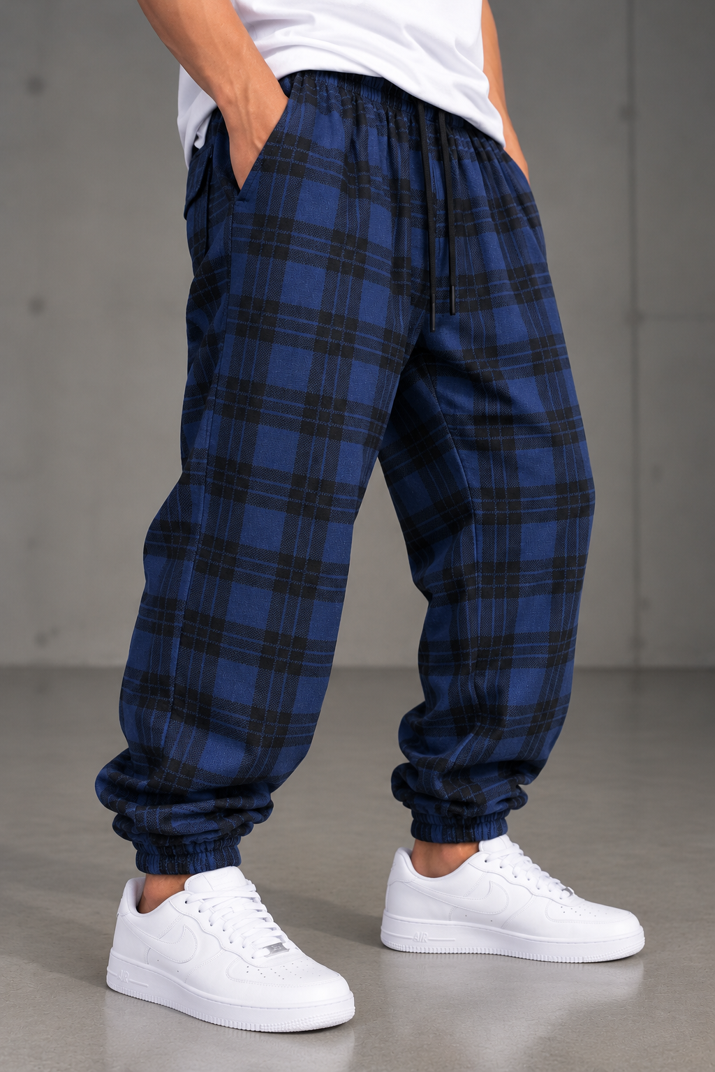 Siyah Lacivert Ekose Desenli Jogger Pantolon