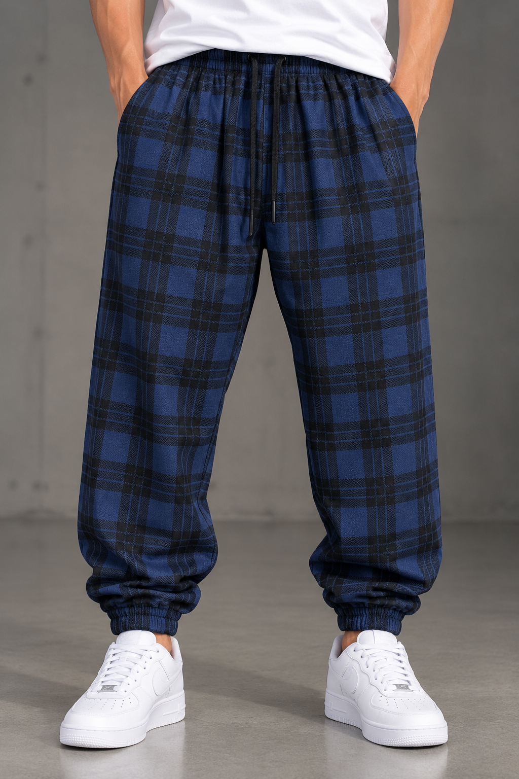 Siyah Lacivert Ekose Desenli Jogger Pantolon